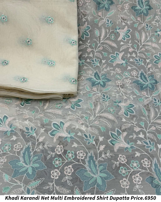 Khadi Karandi Net Multi Embroidered Shirt Dupatta