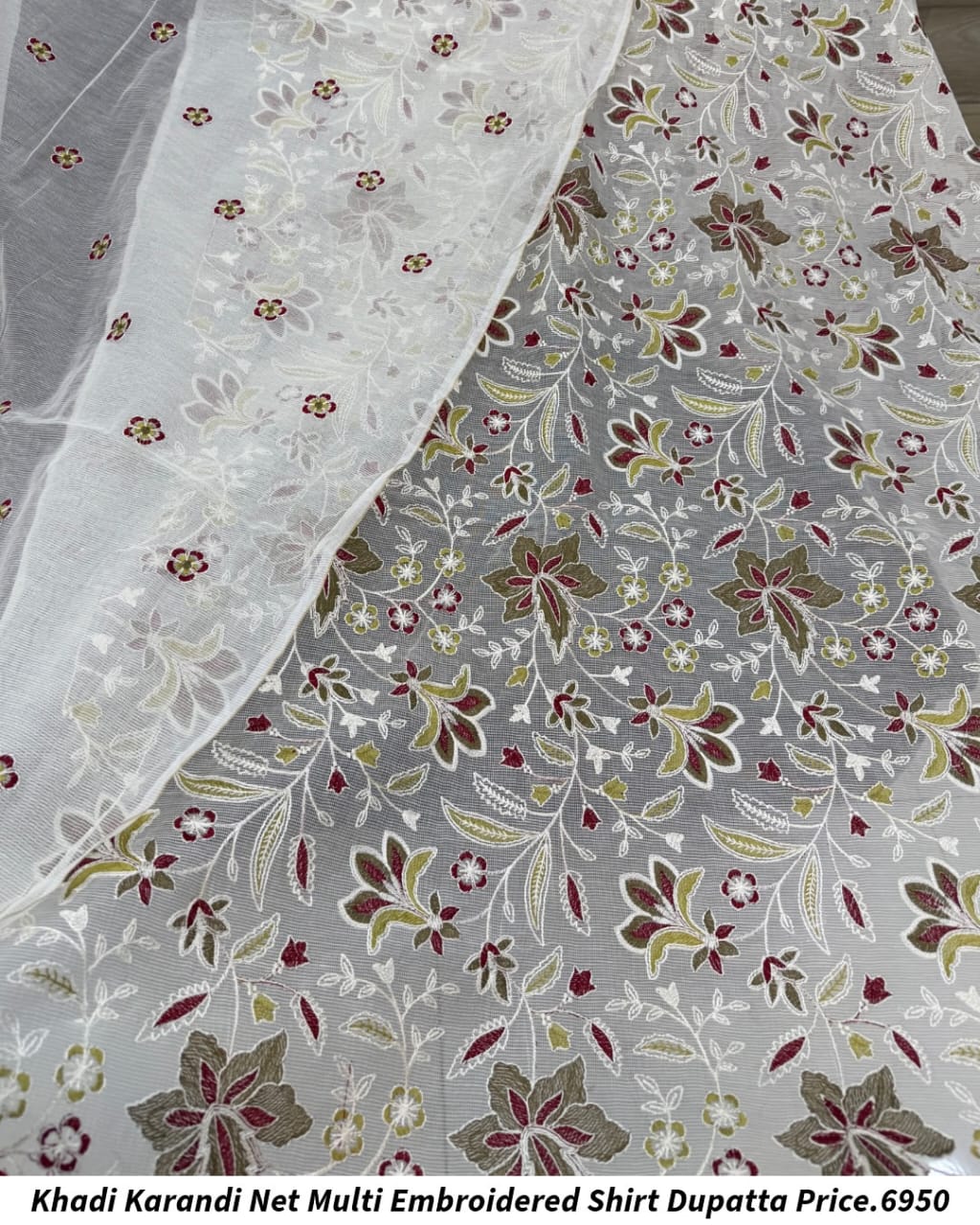 Khadi Karandi Net Multi Embroidered Shirt Dupatta