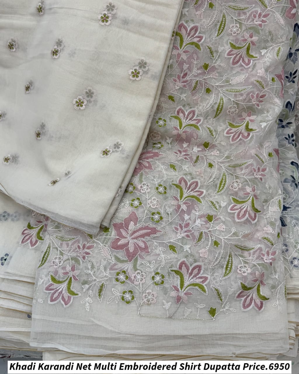 Khadi Karandi Net Multi Embroidered Shirt Dupatta