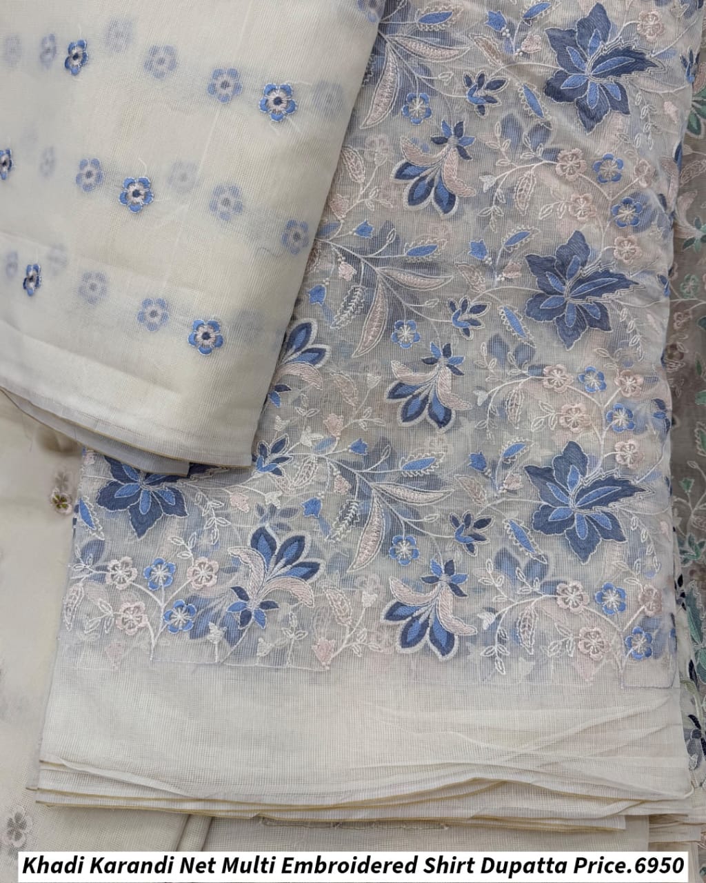 Khadi Karandi Net Multi Embroidered Shirt Dupatta