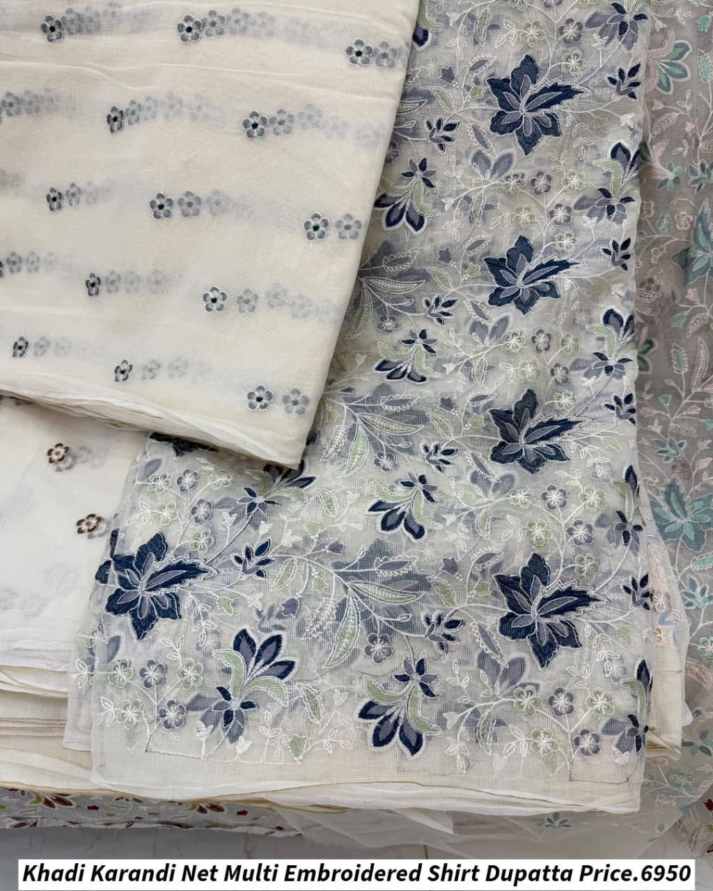 Khadi Karandi Net Multi Embroidered Shirt Dupatta