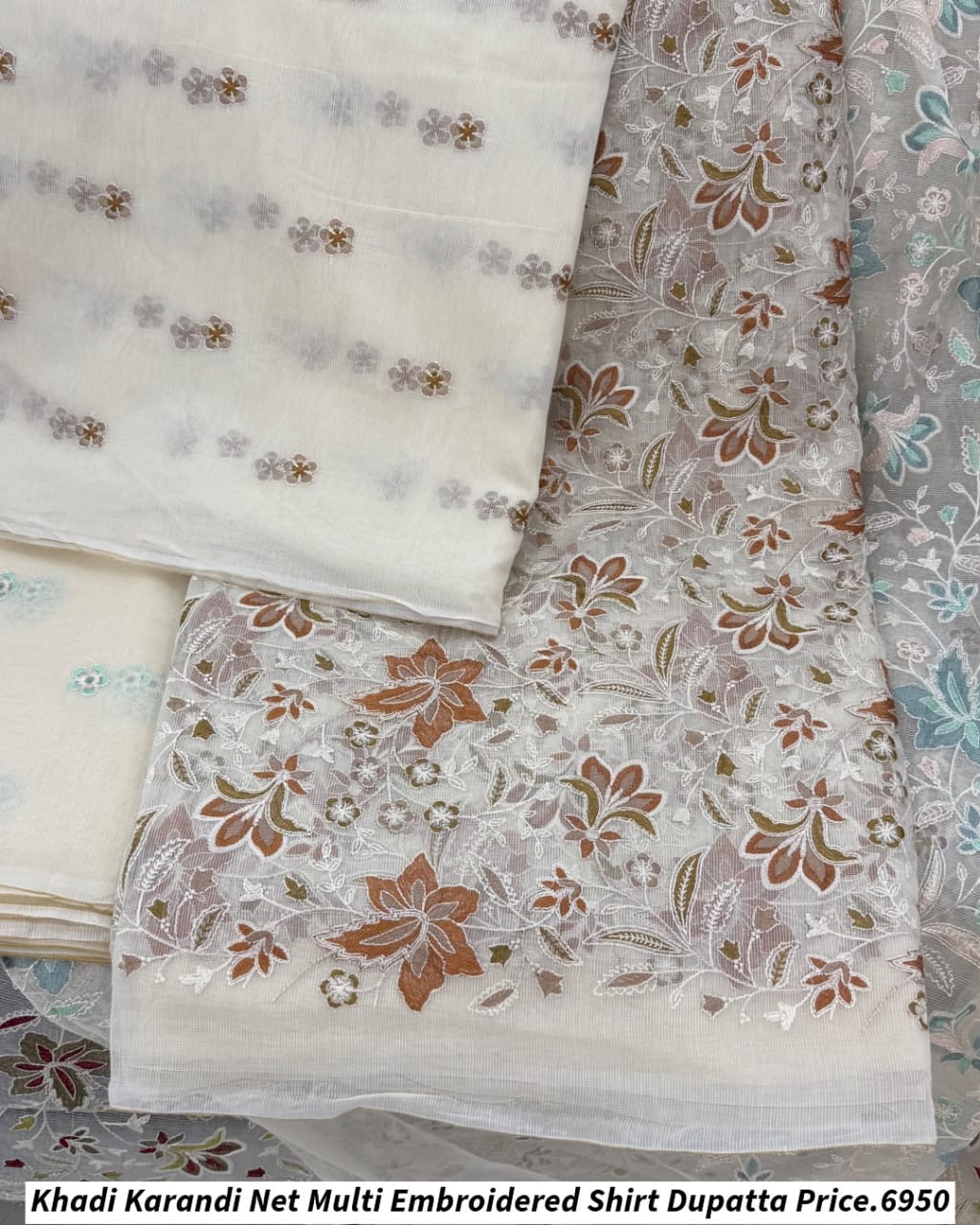 Khadi Karandi Net Multi Embroidered Shirt Dupatta