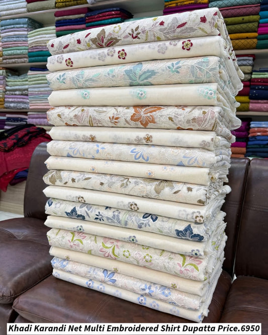 Khadi Karandi Net Multi Embroidered Shirt Dupatta